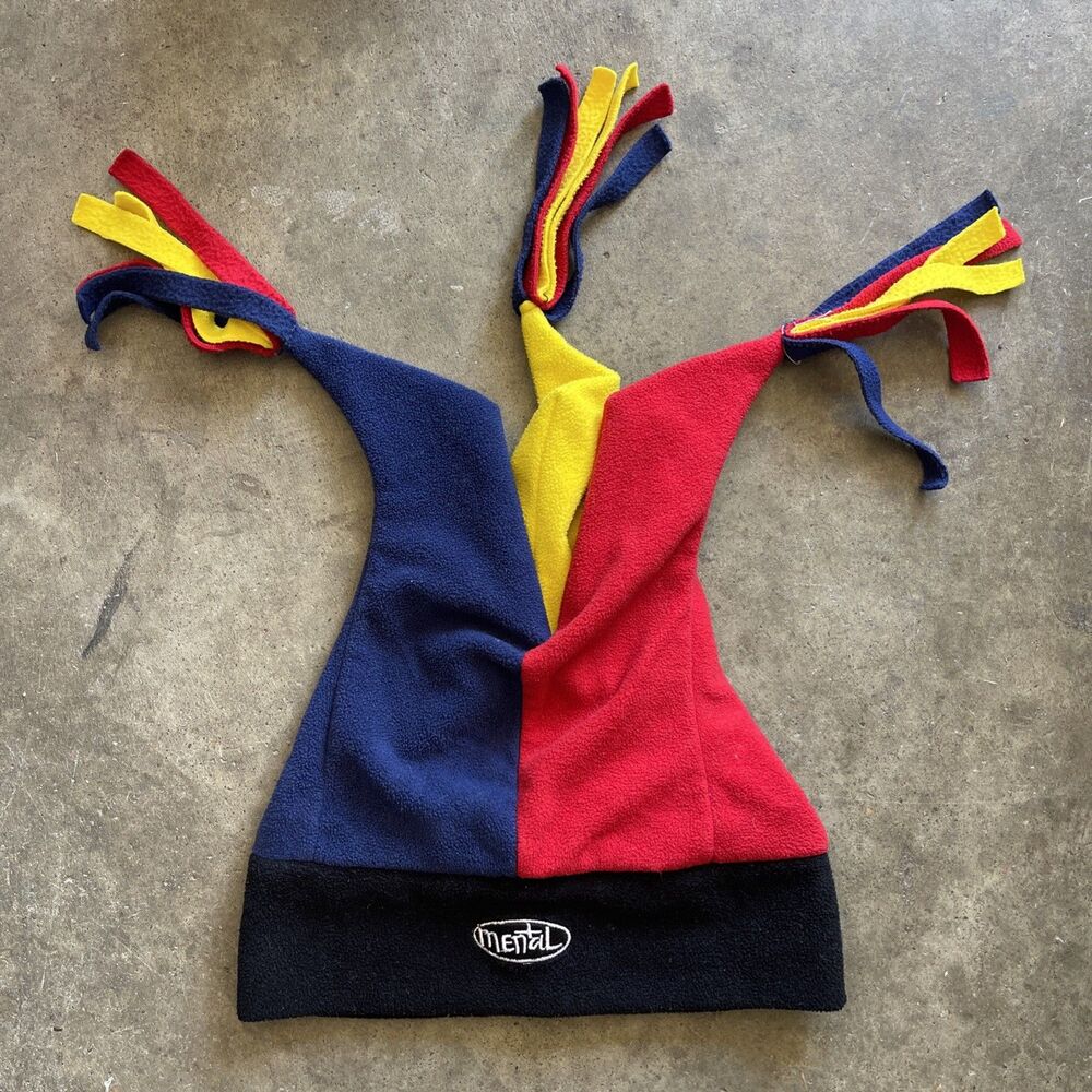 Mental Headgear Snowboard Ski Joker Funky Fleece Blue Yellow Red Hat Jester
